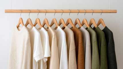 Still life of ethical clothing on wooden rack, soft linen, hemp, and organic cotton pieces in calm neutral palette, editorial flatlay with emotional tone