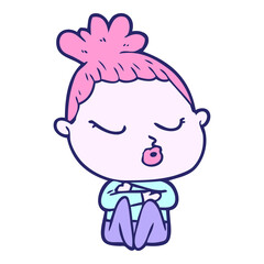 cartoon calm woman in bright neon color