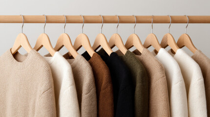 Still life of ethical clothing on wooden rack, soft linen, hemp, and organic cotton pieces in calm neutral palette, editorial flatlay with emotional tone