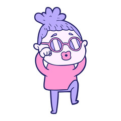 cartoon tired woman wearing spectacles in bright neon color