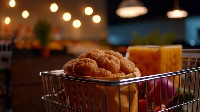 Inflation Due To Tariffs Grocery shopping basket with a wide selection of fresh produce breads and cheeses