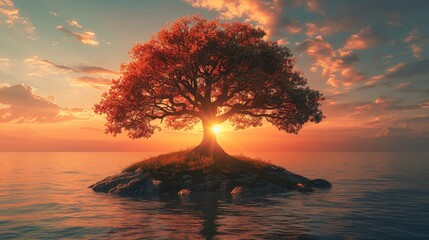 Island tree with colorful leaves against the sun and ocean at sunset