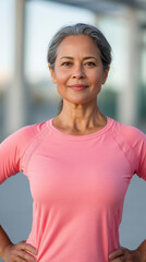 Middle aged woman stretching outdoors in modern fitness outfit, soft natural lighting, confident expression, casual wellness lifestyle
