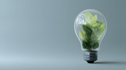 glowing light bulb with leaves inside bulb, isolated on background with copy space. concept of green alternative energy, eco friendly power, sustainability efficiency renewability. generative ai
