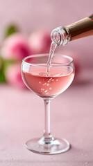 Elegant rose wine pouring into coupe glass with copy space for celebration and dining concepts