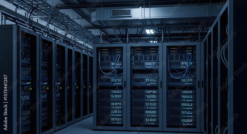 Poster server room with many working server racks and network cables running information technology concept