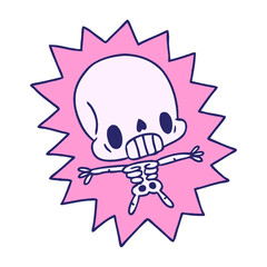 cartoon illustration kawaii electrocuted skeleton in bright neon color