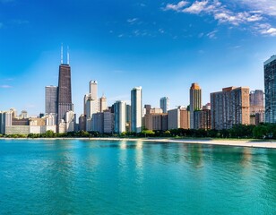 Naklejka premium bright and sunny view of downtown chicago with the shimmering michigan lake in the foreground