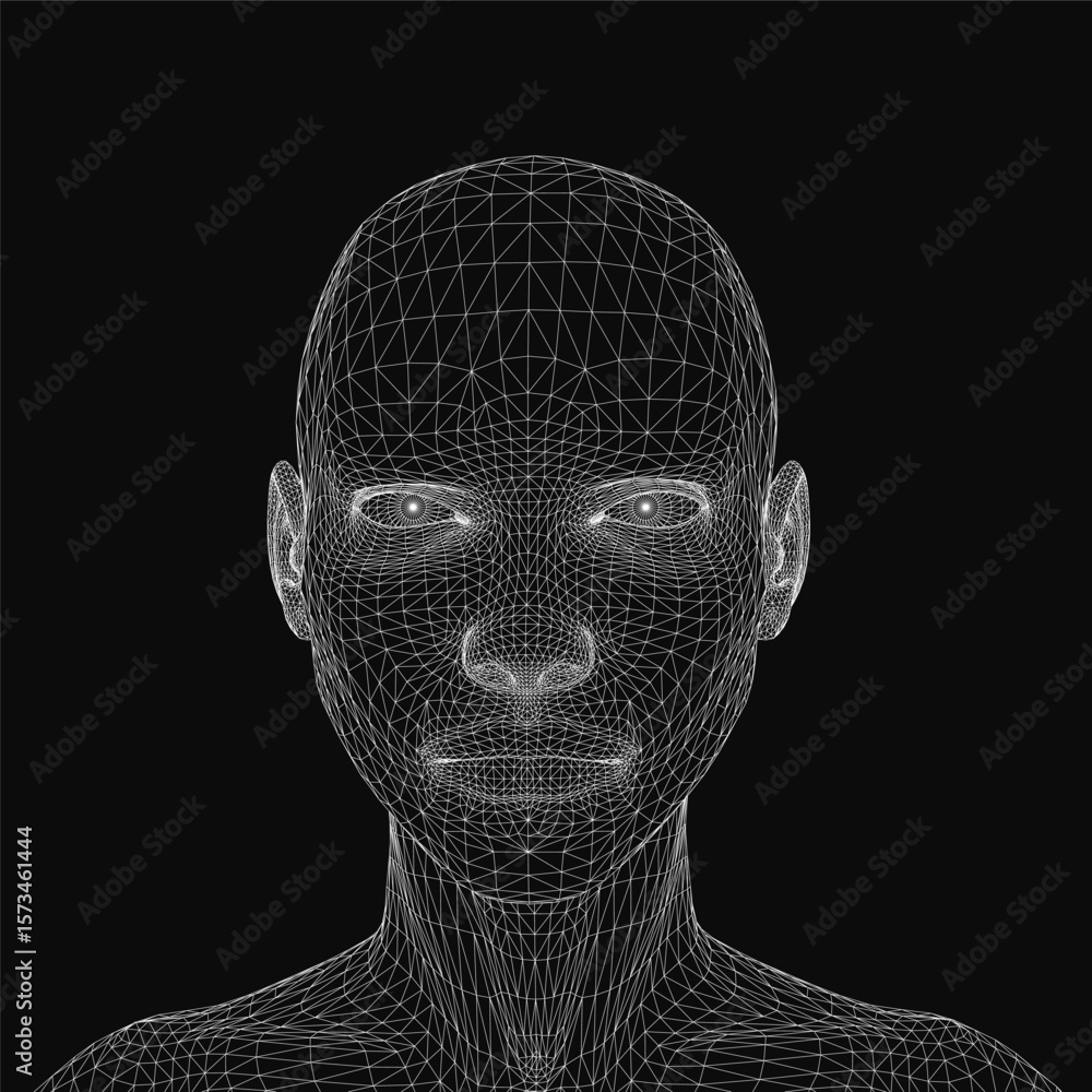 Poster a 3d wireframe of a man's face composed of intricate lines and shapes forms a realistic facial struc
