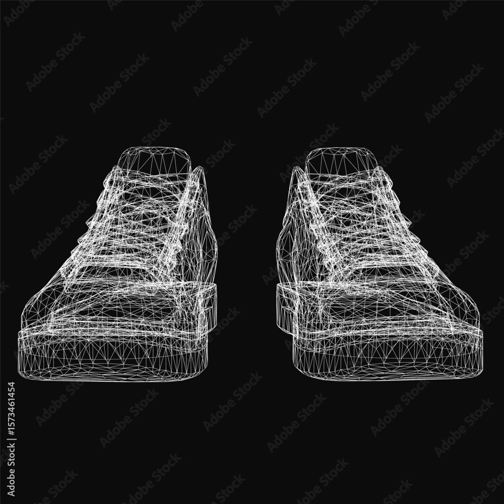 Fototapete White sneakers with a 3D wireframe effect stand out against a black background. The clean design highlights modern aesthetics and digital rendering. Perfect for sportswear and tech-themed projects.