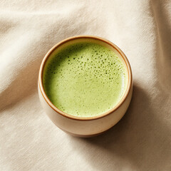 A small Japanese-style ceramic tea cup filled with frothy green matcha tea, on textured linen fabric, top view, soft daylight, earthy tones, high-end cultural presentation