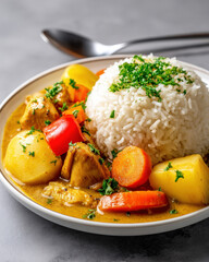 Steamed white rice served with rich yellow Thai curry, chicken and vegetables on the side, served on a white ceramic plate, gray background, professional magazine food style, soft overhead lighting