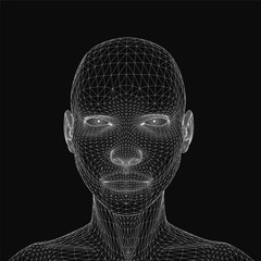 A 3D wireframe of a man's face composed of intricate lines and shapes forms a realistic facial structure on a black background. The detailed mesh highlights contours, shadows.