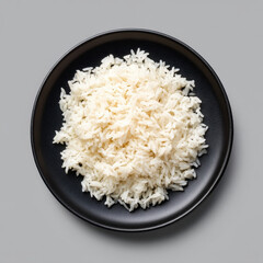 A small plate of white rice photographed from top view, pure gray background, perfect overhead composition, ultra-realistic texture, minimal editorial style, high-end food styling with soft natural