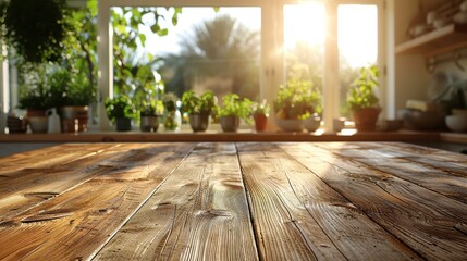 Sun-drenched rustic wood surface, blurred plants & bright window in background, inviting natural light