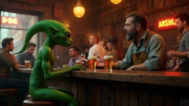 An Alien Encounter unfolds at a Rustic Bar filled with delightful Drinks
