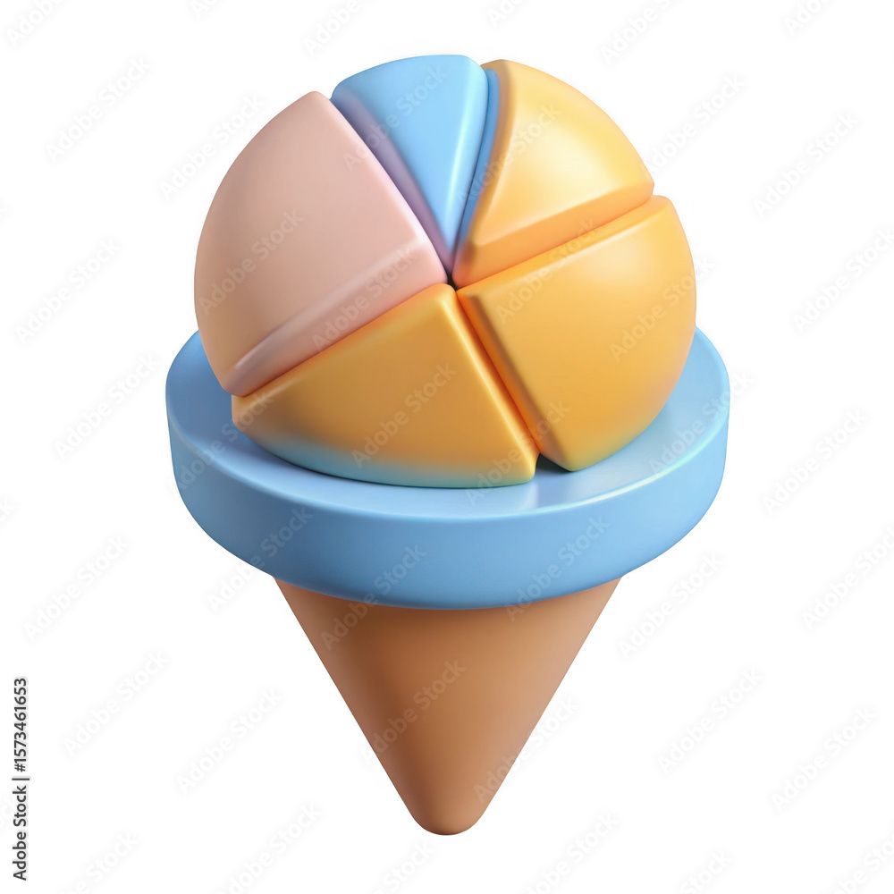 Poster stylized 3d ice cream cone with segmented sphere topping isolated on transparent background