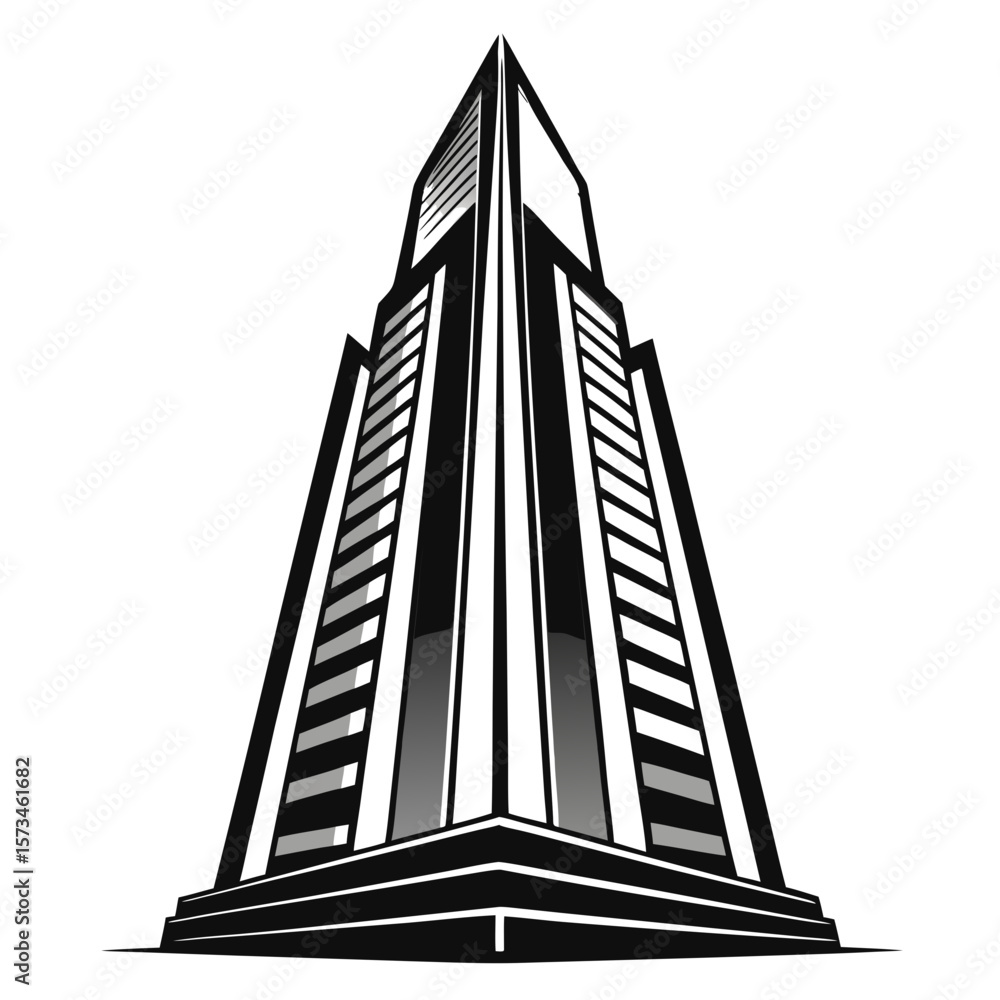 Poster modern skyscraper with sharp geometric lines and a distinctive silhouette isolated on white backgrou