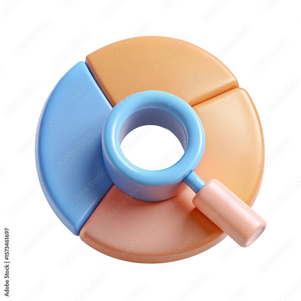 Poster 3d rendered magnifying glass over segmented pie chart isolated on transparent background