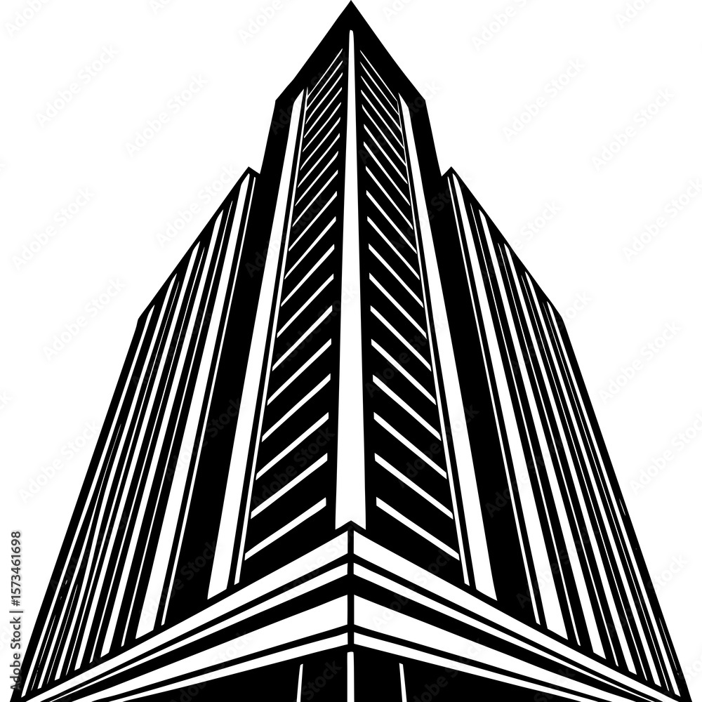 Poster modern skyscraper architecture viewed from below in a stark black and white silhouette isolated on w