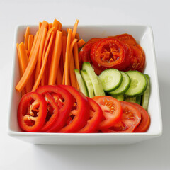 A front-facing photo of a clean white square bowl filled with neatly arranged sliced vegetables: red bell pepper strips, cucumber strips, carrot strips, and tomato slices cut into rounds