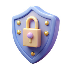 3d rendered blue shield with yellow padlock and gold studs isolated on transparent background