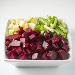 A front-facing photo of a clean white square bowl filled with neatly arranged chopped vegetables: beetroot pieces, celery pieces, and potato pieces. Shot from the front to clearly show the contents