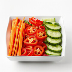 A front-facing photo of a clean white square bowl filled with neatly arranged sliced vegetables: red bell pepper strips, cucumber strips, carrot strips, and tomato slices cut into rounds