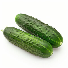 Clean product photo of two fresh cucumbers on a bright white background. The cucumbers are medium-sized, clean, and have natural dark green skin with smooth texture and characteristic elongated s
