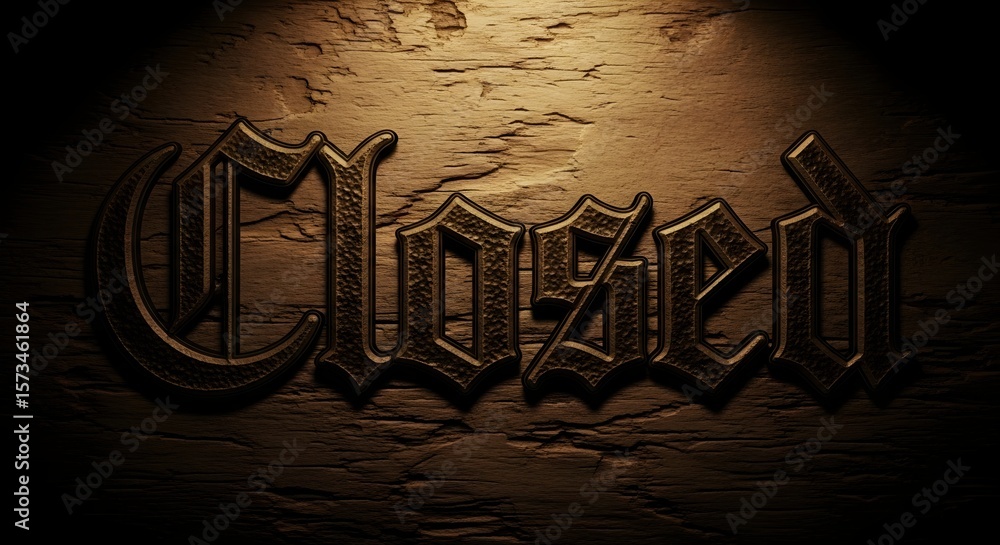 Aufkleber textured word closed in gothic font on a dark rustic wooden background with spotlight effect for bus