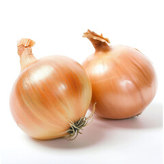 Clean product photo of two fresh onions on a bright white background. The onions are medium-sized, clean, and have natural golden-brown papery skin with typical onion texture. Soft natural lighting