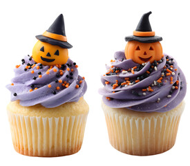 Two delicious halloween cupcakes wearing witch hats and decorated with purple frosting and sprinkles