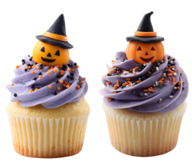 Two delicious halloween cupcakes wearing witch hats and decorated with purple frosting and sprinkles