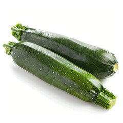 Clean product photo of two fresh zucchini on a bright white background. The zucchini are medium-sized, clean, and have natural dark green skin with smooth glossy texture. Soft natural lighting