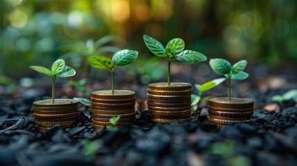 Seedlings sprout from coin stacks on dark soil, greenery blurred