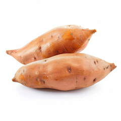 Clean product photo of two fresh sweet potatoes on a bright white background. The sweet potatoes are medium-sized, clean, and have natural orange-brown skin with smooth texture