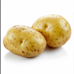 Clean product photo of two fresh potatoes on a bright white background. The potatoes are medium-sized, clean, and have natural brown skin with subtle texture details. Soft natural lighting, minimal