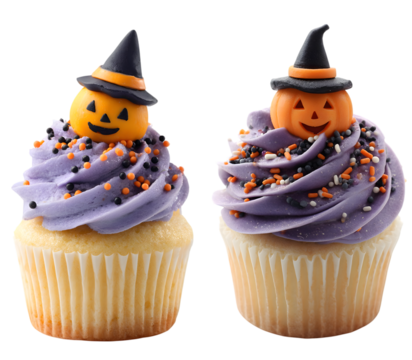 Two delicious halloween cupcakes wearing witch hats and decorated with purple frosting and sprinkles - Powered by Adobe