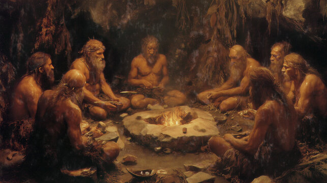 Burial Ceremony Group Gathered Around Fire in Neanderthal Cave Setting During Prehistoric Times