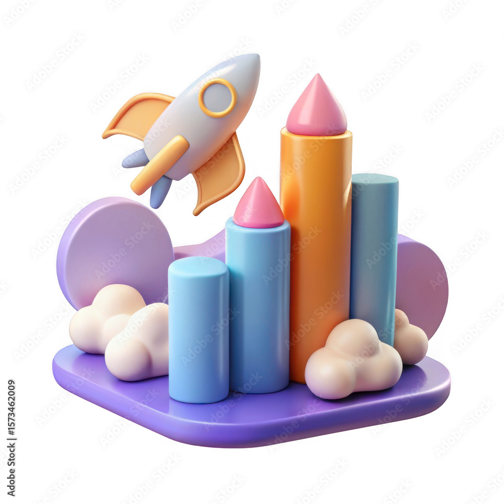 Poster stylized 3d rocket launching over abstract geometric shapes and clouds isolated on transparent backg