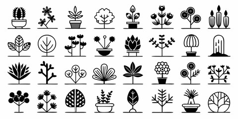 Collection of stylized plant and tree icons with a minimalist silhouette design isolated on white background