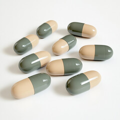 Realistic depiction of spilled Advil pills, each pill shaped like a half ball. One half of the pill is colored FBC298 (a warm beige) and the other half is colored 8F978C (a muted greenish-gray)