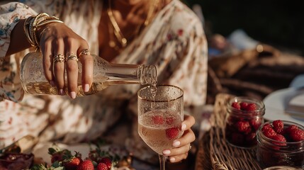Sparkling drink is poured into a glass at a summer picnic with fresh fruits and a relaxed atmosphere