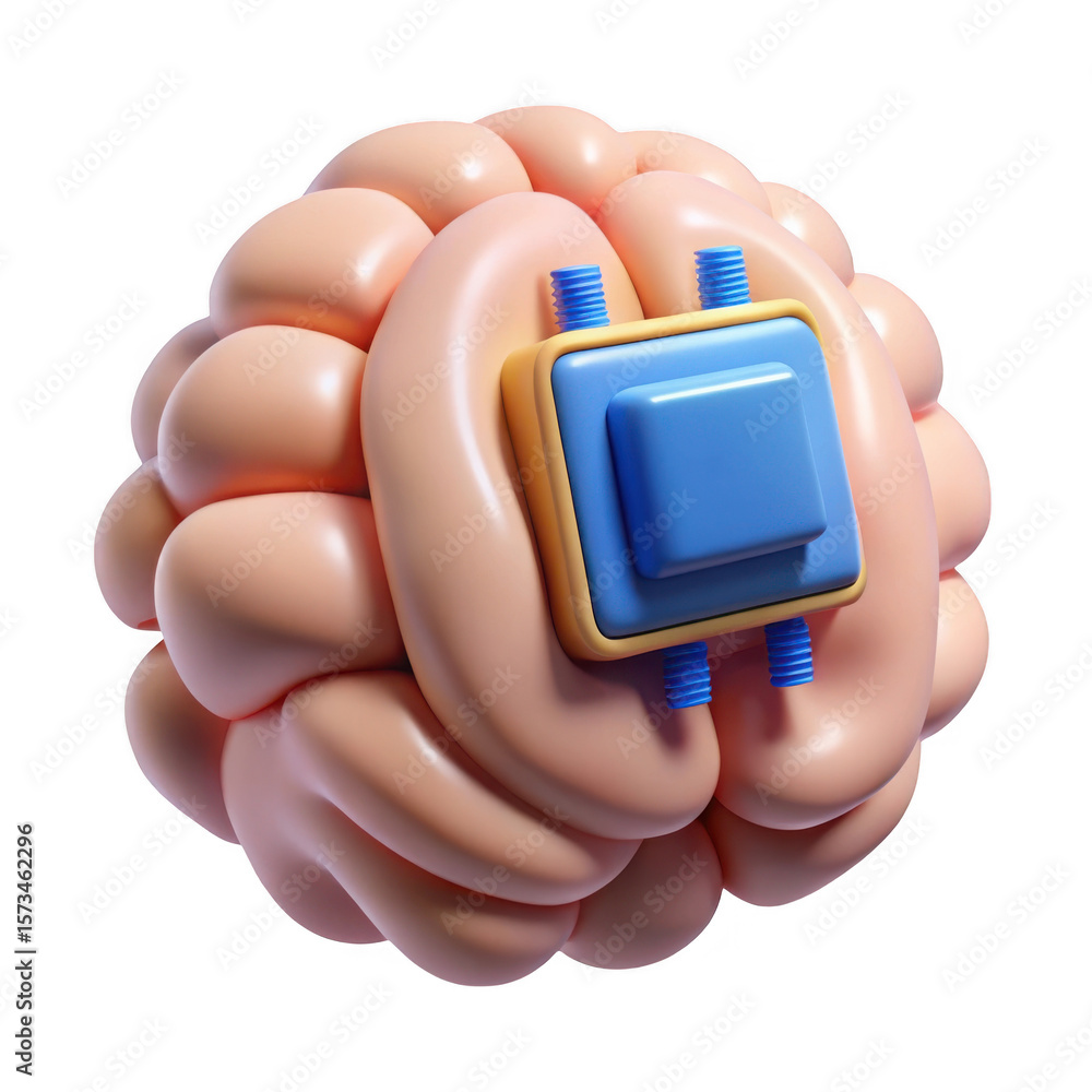 Poster stylized 3d brain with integrated blue microchip and gold casing isolated on transparent background
