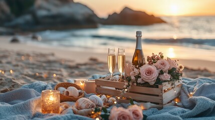 Romantic beach picnic at sunset with champagne and flowers in a cozy setting