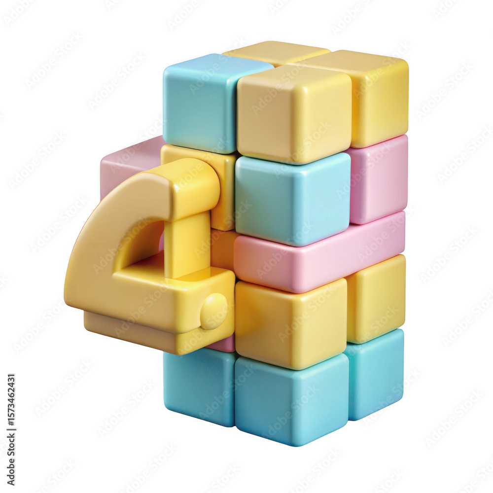 Poster playful pastel cubes interconnected with a yellow handle isolated on transparent background