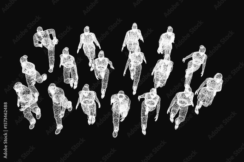 Poster a line of people running in motion on a black background creates a dynamic wireframe effect. the fig