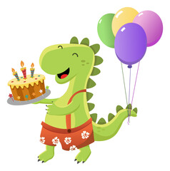 Cute Dinosaur With Birthday Cake And Balloons