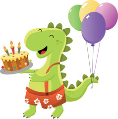 Cute Dinosaur With Birthday Cake And Balloons