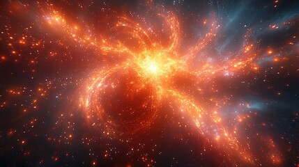 Fototapeta premium A vibrant, simulated representation of a cosmic event, with explosive energy and fiery particles against a dark backdrop.